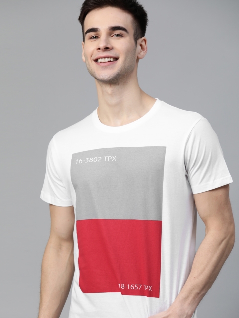 

HERE&NOW Men White & Red Colourblocked Pure Cotton T-shirt