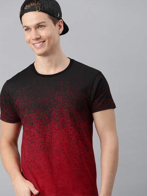 

HERENOW Men Maroon Black Colourblocked Pure Cotton T-shirt with Printed Detail