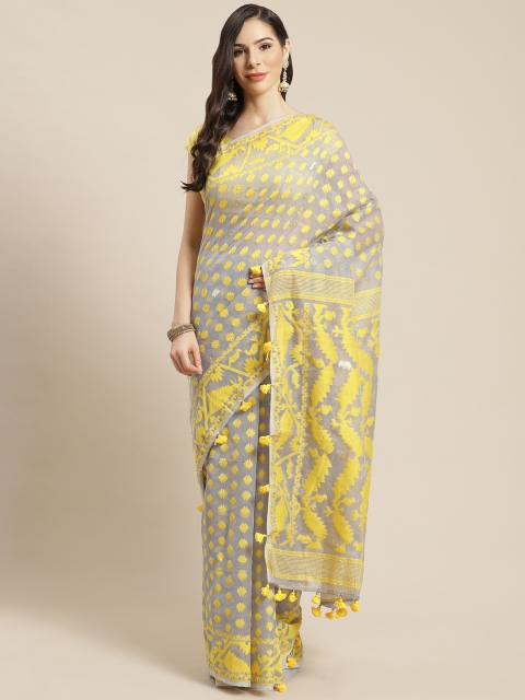 

FIROZA Grey & Yellow Woven Design Handloom Jamdani Saree