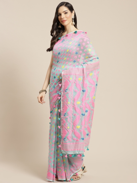 

FIROZA Sea Green & Pink Woven Design Handloom Jamdani Saree