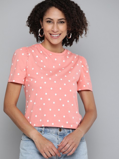 

VividArtsy Peach-Coloured & White Polka Dot Print Puff Sleeves Pure Cotton Regular Top