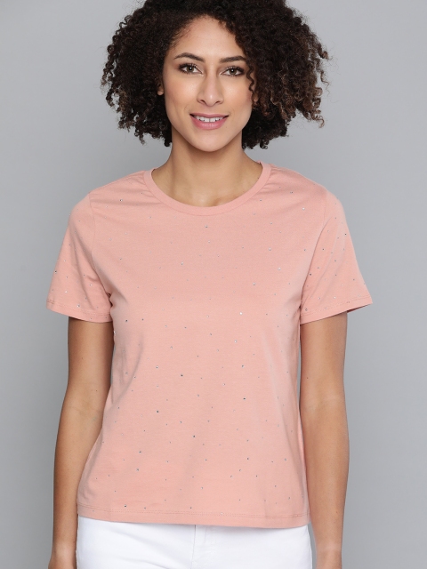 

VividArtsy Women Peach-Coloured Pure Cotton Embellished Round Neck T-shirt