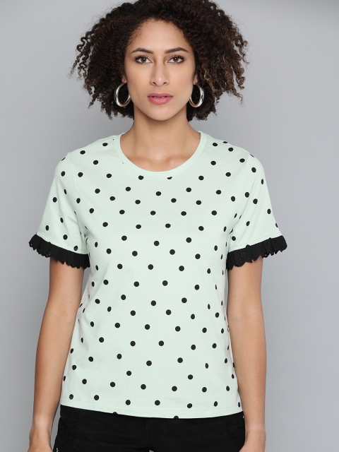 

VividArtsy Women Green & Black Pure Cotton Polka Dots Print Round Neck T-shirt