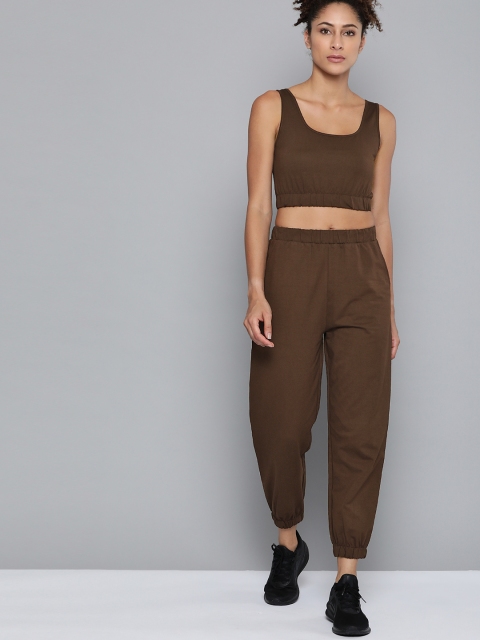 

VividArtsy Women Brown Solid Cropped Fitted Top with Joggers