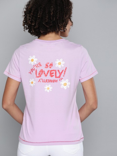 

VividArtsy Women Lavender Solid Round Neck T-shirt with Printed Back
