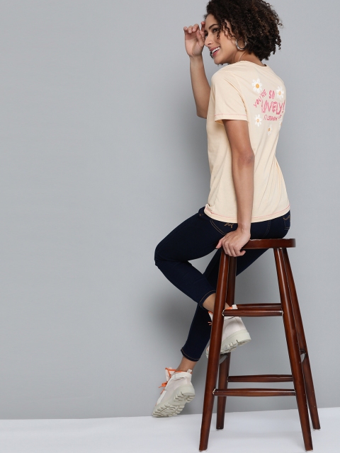 

VividArtsy Women Cream-Coloured Solid Round Neck T-shirt with Printed Back, Beige