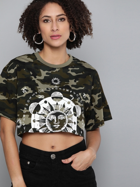 

VividArtsy Women Olive Green & White Cotton Camouflage Print Round Neck Cropped T-shirt