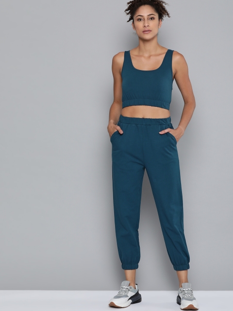 

VividArtsy Women Teal Blue Solid Cropped Fitted Top with Joggers