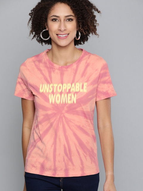 

VividArtsy Women Pink Pure Cotton Dyed Round Neck T-shirt