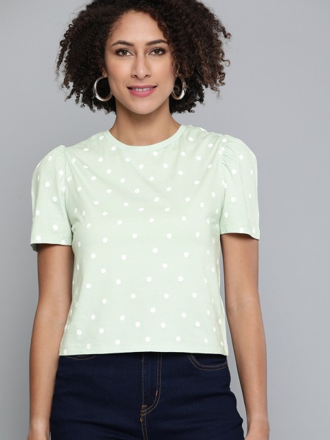 

VividArtsy Green & White Polka Dot Print Puff Sleeves Pure Cotton Regular Top