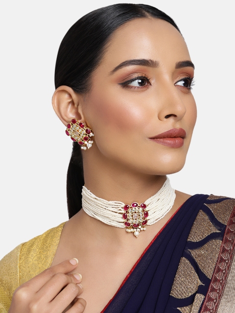 

justpeachy Off-White & Red Gold-Plated Kundan Studded Handcrafted Jewellery Set