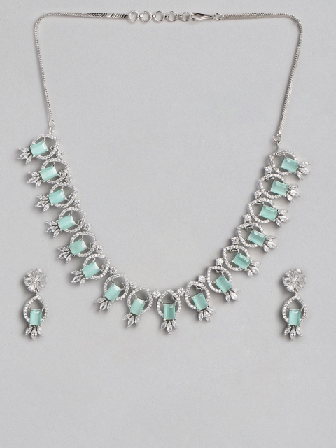 

justpeachy Green & White Rhodium Plated AD Studded Jewellery Set