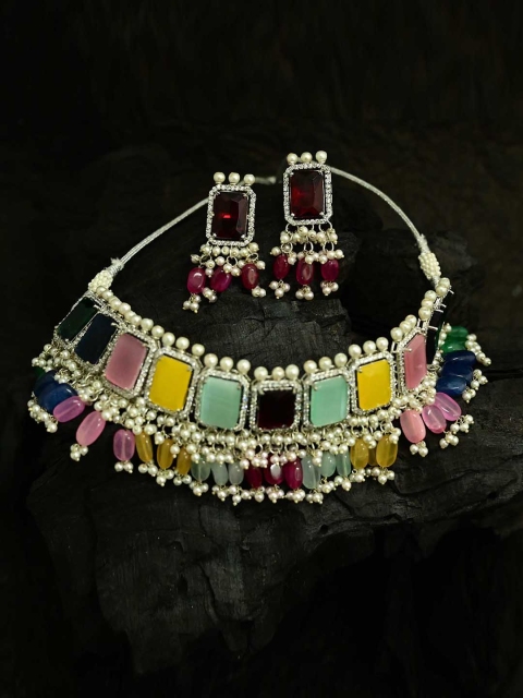 

justpeachy Multicoloured Rhodium-Plated Embellished Jewellery Set, Multi
