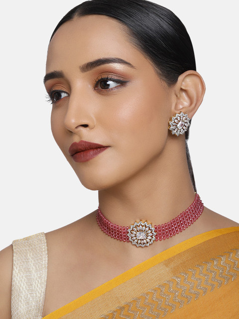 

justpeachy Women Green AD Studded Jewellery Set, Pink