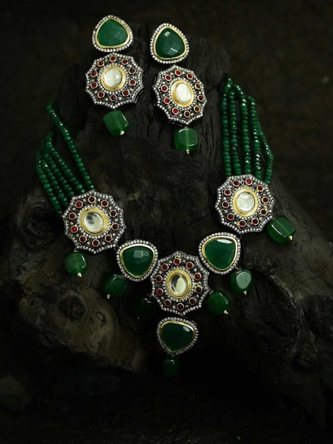 

justpeachy Green Kundan Studded Beaded Necklace & Earring Jewellery Set