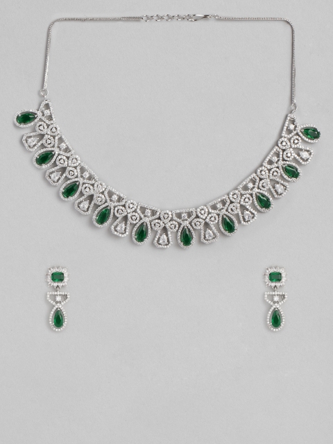 

justpeachy Green & White Rhodium Plated AD Studded Jewellery Set