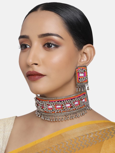 

Justpeachy Pink & Silver Oxidised Mirror Studded Choker Necklace Jewellery Set