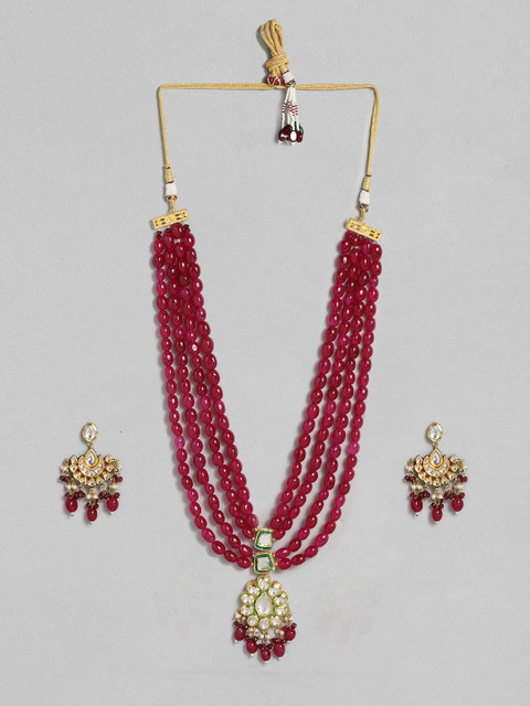 

justpeachy Maroon Gold-Plated Multi-Strand Beaded Necklace & Earrings Jewellery Set