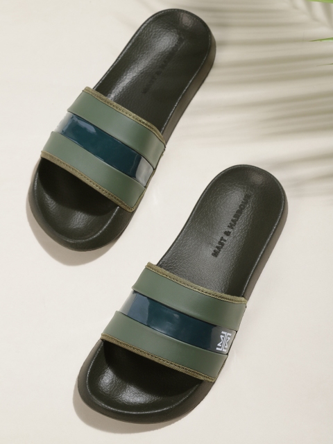 

Mast & Harbour Men Olive Green Striped Sliders