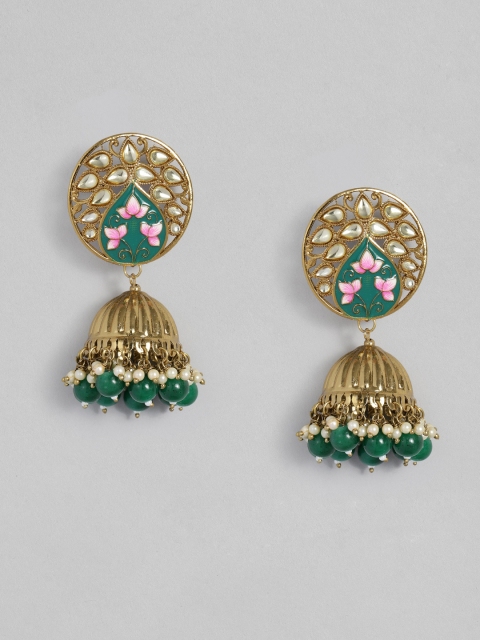 

justpeachy Gold-Plated Green & White Enamelled Embellished Dome Shaped Jhumkas
