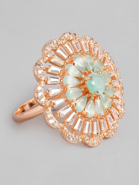 

justpeachy White & Green Rose Gold-Plated AD Studded Adjustable Finger Ring