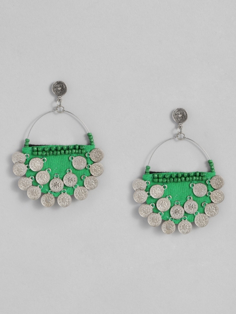 

justpeachy Green & Silver-Plated Oxidised Circular Drop Earrings