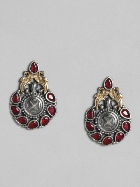 

justpeachy Silver-Plated Maroon Oxidised Circular Studs