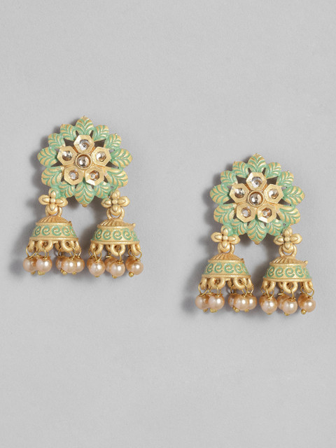 

justpeachy Green Gold-Plated Enamelled Embellished Dome Shaped Jhumkas