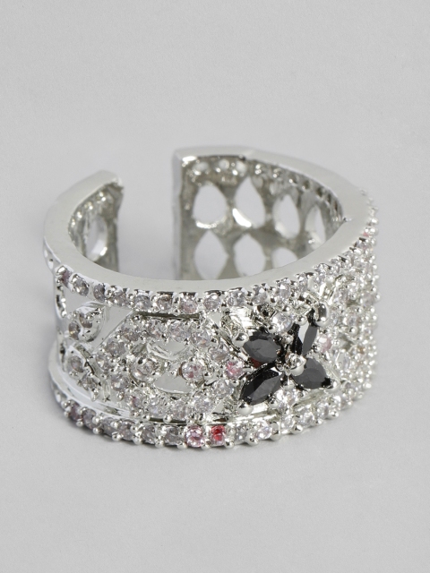 

justpeachy Women Silver-Toned & Black Rhodium Plated Studded Finger Ring