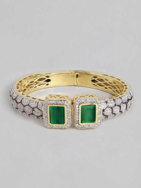 

justpeachy White & Green Gold-Plated Stone Studded Cuff Bracelet