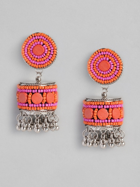 

justpeachy Pink & Orange Silver-Plated Beaded Handcrafted Dome Shaped Jhumkas