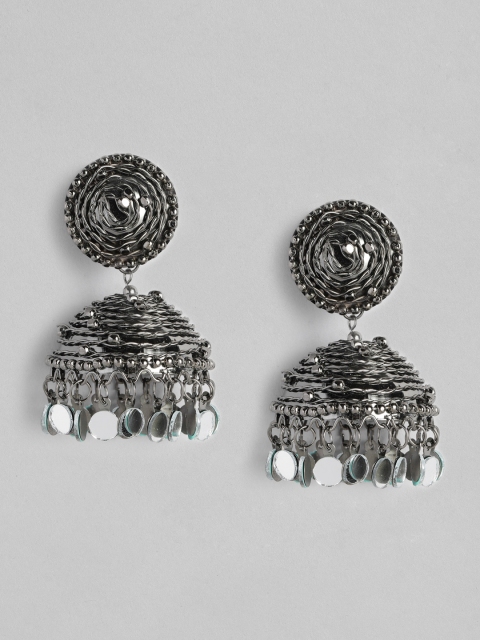 

justpeachy Gunmetal-Toned Silver-Plated Mirror Dome Shaped Jhumkas, Metallic