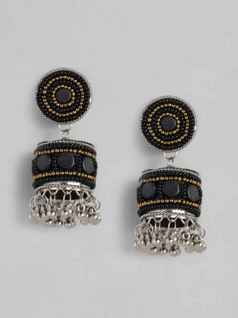 

justpeachy Black Silver Plated Beaded Dome Shaped Jhumkas