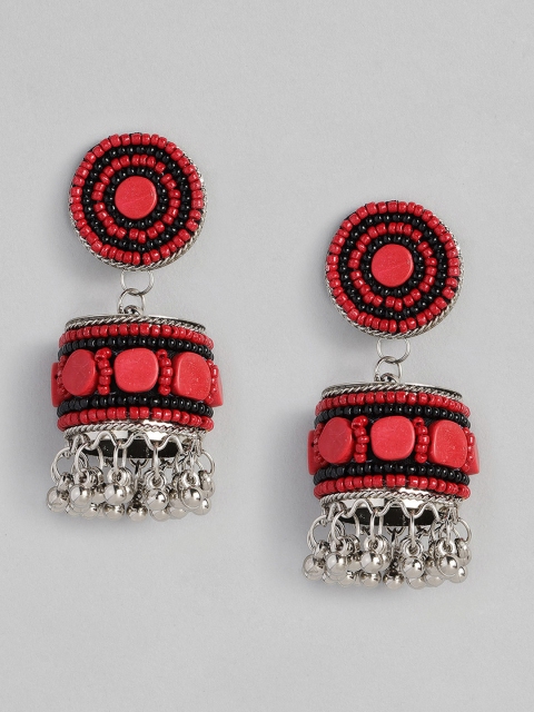 

justpeachy Magenta & Silver-Plated Beaded Dome Shaped Jhumkas