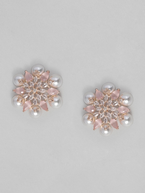 

justpeachy Pink & White Rose Gold-Plated American Diamond Studded Floral Oversized Studs