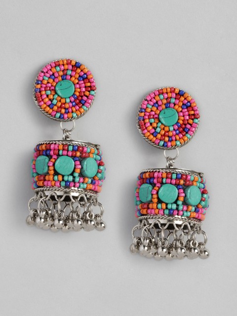 

justpeachy Multi-Coloured Silver Plated Beaded Dome Shaped Jhumkas