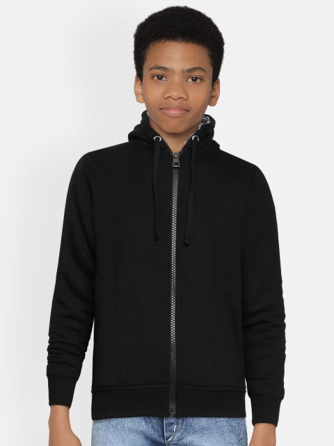 

ADBUCKS Boys Black Solid Pure Cotton Faux Fur Hooded Sweatshirt