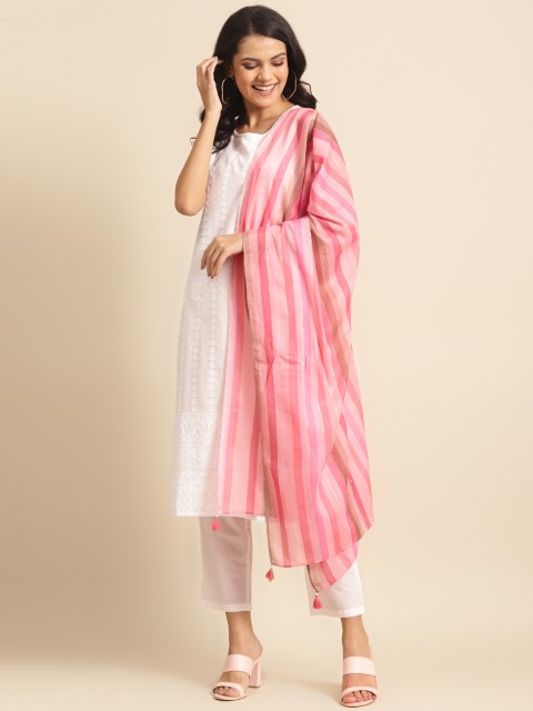 

Prakrti Women White & Pink Chikankari Embroidered Cotton Kurta with Trousers & Dupatta