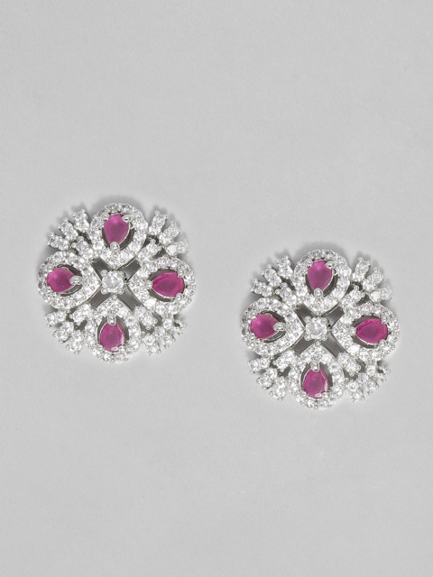 

justpeachy Rhodium-Plated & Pink AD Studded Circular Studs, Silver