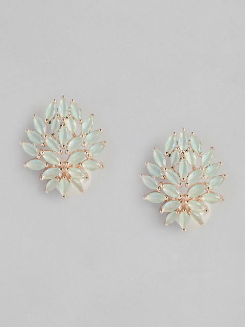 

justpeachy Green Rhodium-Plated American Diamond Studded Floral Studs