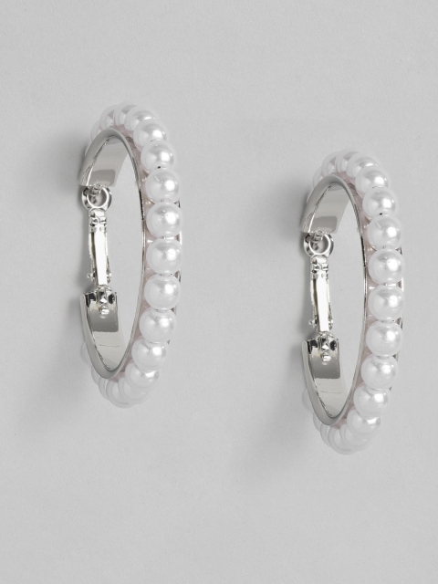 

justpeachy White Silver-Plated Faux Pearl Studded Circular Hoop Earrings