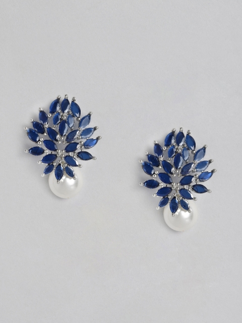 

Justpeachy Navy Blue & White Rhodium-Plated American Diamond Drop Earrings