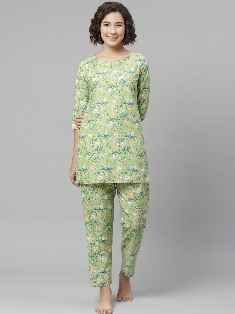 

Anubhutee Women Green & White Floral Printed Pure Cotton Night suit