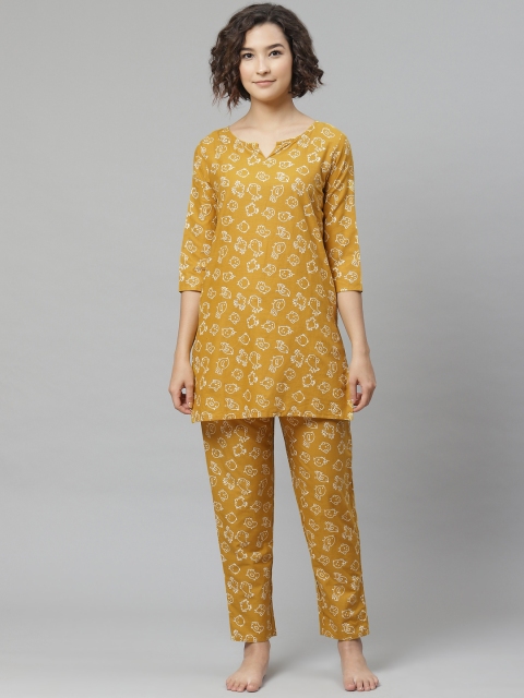 

Anubhutee Women Mustard Yellow & White Printed Pure Cotton Night suit