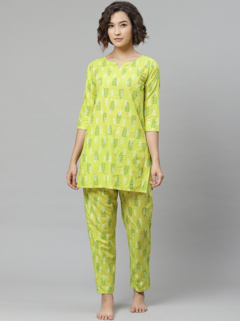 

Anubhutee Women Lime Green & White Printed Pure Cotton Night suit