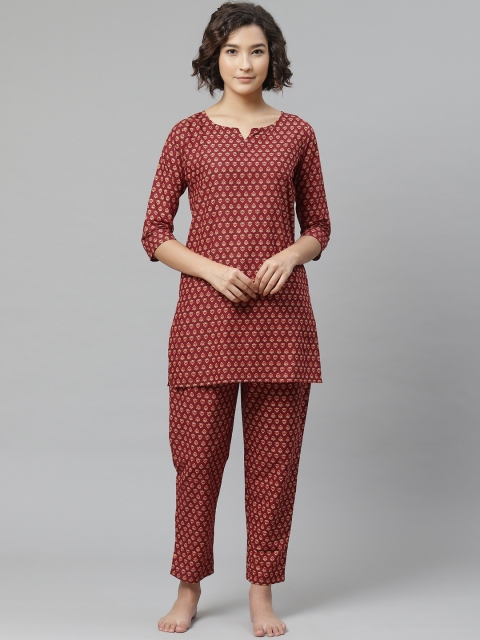 

Anubhutee Women Maroon & Beige Printed Pure Cotton Night suit