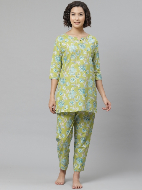 

Anubhutee Women Green & Blue Printed Pure Cotton Night suit