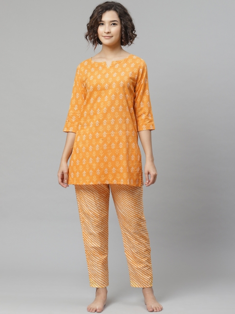 

Anubhutee Women Mustard Yellow & White Printed Pure Cotton Night suit