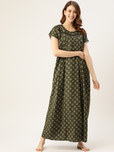 

Sweet Dreams Olive Green & Off-White Printed Maxi Nightdress