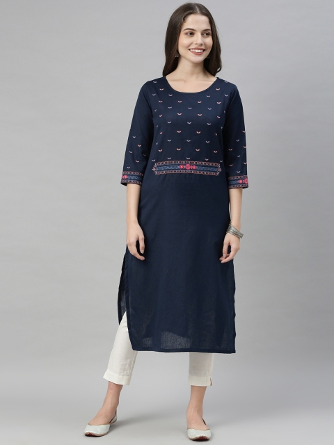 

Alena Women Navy Blue Ethnic Motifs Embroidered Kurta